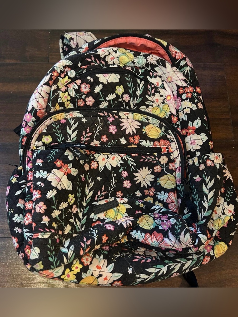 Vera Bradley Black Quilted Floral Backpack with Multicolor Blooms